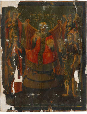 Икона старообрядческая подокладная «Иисус Христос и предстоящие: архангел Михаил, Матерь Божия, архангел Гавриил и Иоан Креститель»